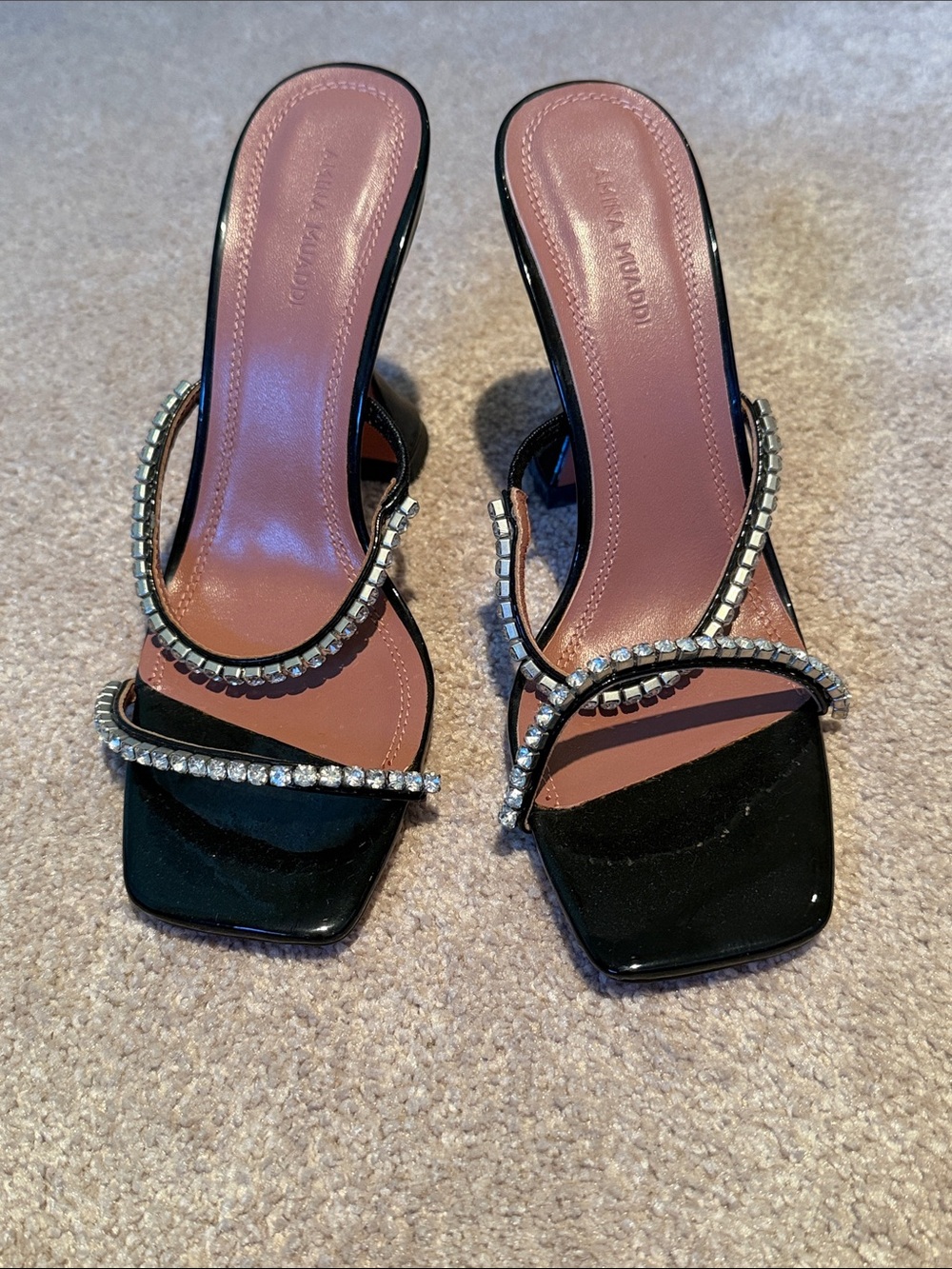 Amina Muaddi Black Crystal-Embellished Slide Sandals heels